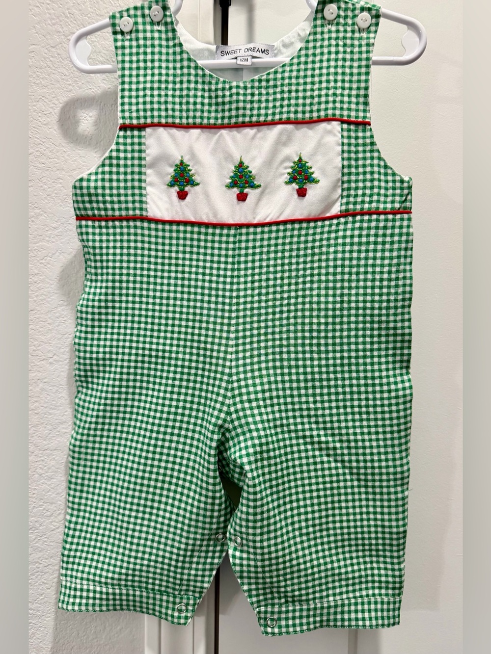 Sweet Dreams Green Gingham Red Christmas Embroidered Trees Long John Romper 12M